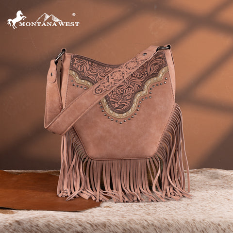 MW1323G-918  Montana West Tooled Fringe Collection Hobo Shoulder Bag