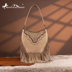 MW1323G-918  Montana West Tooled Fringe Collection Hobo Shoulder Bag