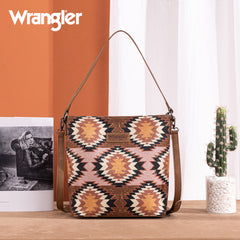WG221-918  Wrangler Aztec Distressed Print Dual Sided Print Hobo Bag/Crossbody-Brown