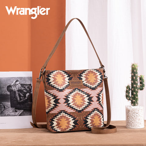 WG221-918  Wrangler Aztec Distressed Print Dual Sided Print Hobo Bag/Crossbody-Brown