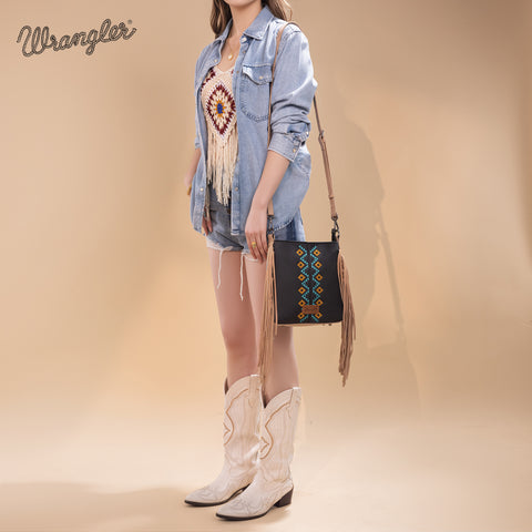 WG233-8360  Wrangler Aztec Embroidered Fringe Crossbody - Black