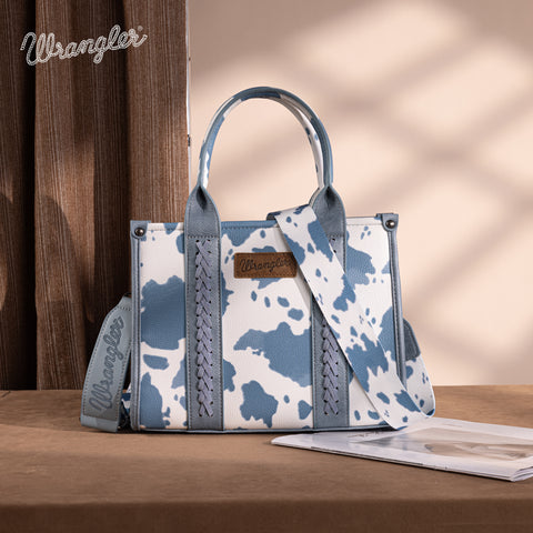 WG133-81203S  Wrangler Cow Print Concealed Carry Tote/Crossbody - Blue