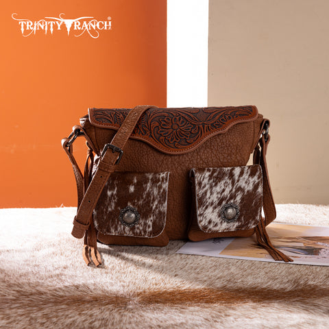 TR203-8360  Trinity Ranch Genuine Hair-On Cowhide Tooled Collection Crossbody