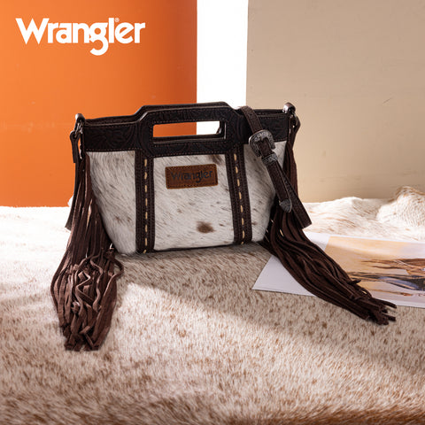 WG283-8015  Wrangler Genuine Cowhide Top Handle Fringe Crossbody - Coffee