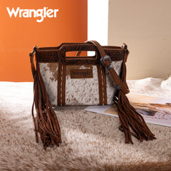 WG283-8015  Wrangler Genuine Cowhide Top Handle Fringe Crossbody - Brown