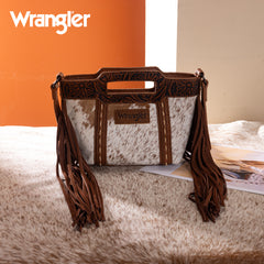 WG283-8015  Wrangler Genuine Cowhide Top Handle Fringe Crossbody - Brown