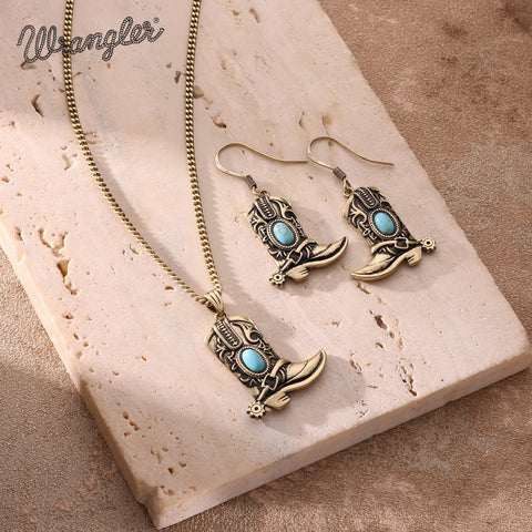 WNS2-2000G  Wrangler Silver Boots Pendant Necklace Earrings Set - Turquoise