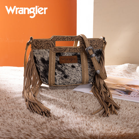 WG283-8015  Wrangler Genuine Cowhide Top Handle Fringe Crossbody - Tan