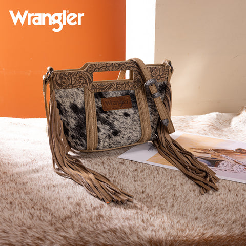 WG283-8015  Wrangler Genuine Cowhide Top Handle Fringe Crossbody - Tan