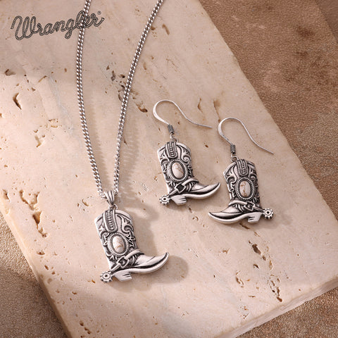 WNS2-2000S  Wrangler Jewelry Silver Boots Pendant Necklace Earrings Set - White