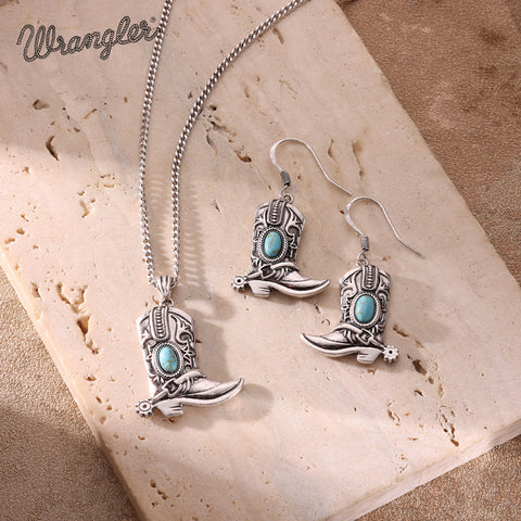 WNS2-2000S  Wrangler Silver Boots Pendant Necklace Earrings Set - Turquoise
