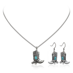 WNS2-2000S  Wrangler Silver Boots Pendant Necklace Earrings Set - Turquoise