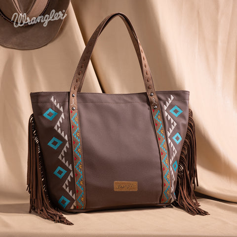 WG233-2002  Wrangler Aztec Embroidered Large Tote Bag- Brown