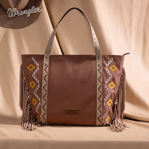 WG233-2002  Wrangler Aztec Embroidered Large Tote Bag- Light Brown