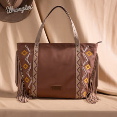 WG233-2002  Wrangler Aztec Embroidered Large Tote Bag- Light Brown