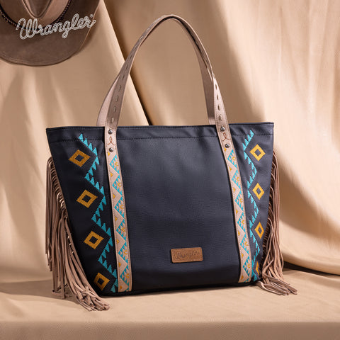WG233-2002  Wrangler Aztec Embroidered Large Tote Bag- Black