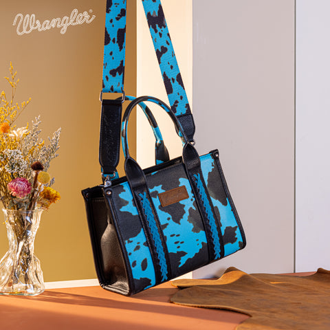 WG133-8120S  Wrangler Cow Print Concealed Carry Tote/Crossbody - Turquoise