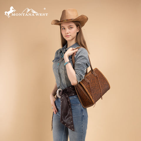 MW1355G-8317BR  Montana West Tooled Concealed Carry Tote - Brown