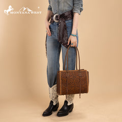 MW1355G-8317BR  Montana West Tooled Concealed Carry Tote - Brown