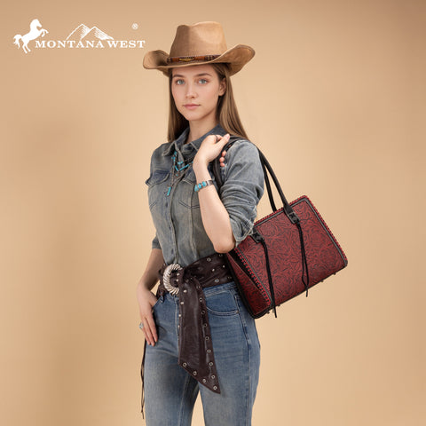 MW1355G-8317BK  Montana West Tooled Concealed Carry Tote - Black