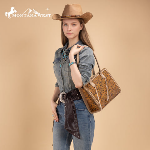 MW1355G-8317TN  Montana West Tooled Concealed Carry Tote - Tan