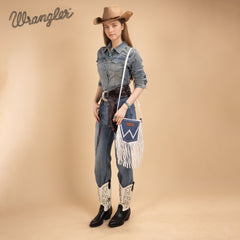 WG367-8360  Wrangler Leather Fringe Jean Denim Pocket Crossbody - Beige