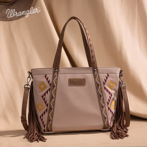 WG233-2009 Wrangler Aztec Embroidered Tote/Crossbody Bag - Tan