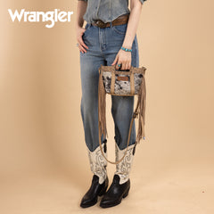 WG283-8015  Wrangler Genuine Cowhide Top Handle Fringe Crossbody - Tan