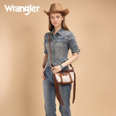 WG283-8015  Wrangler Genuine Cowhide Top Handle Fringe Crossbody - Brown