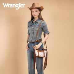 WG283-8015  Wrangler Genuine Cowhide Top Handle Fringe Crossbody - Brown