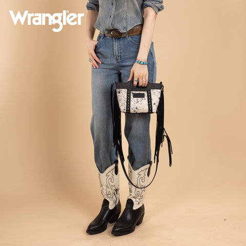 WG283-8015  Wrangler Genuine Cowhide Top Handle Fringe Crossbody - Black