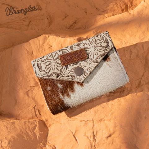 WG224-W070 Wrangler Genuine Hair-On Cowhide Floral Tooled Card Holder - Tan
