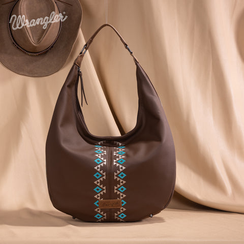 WG233-3027  Wrangler Aztec Embroidered Large Hobo Bag- Brown