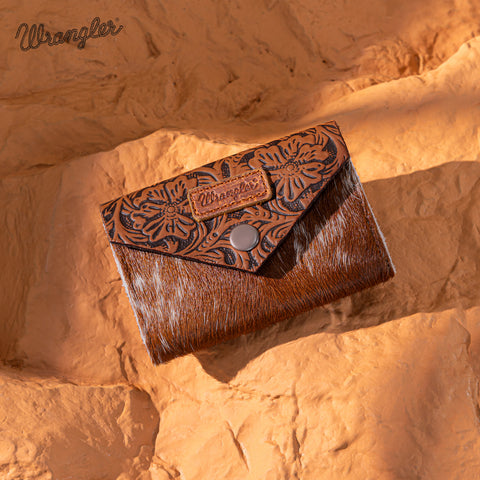 WG224-W070  Wrangler Genuine Hair-On Cowhide Floral Tooled  Wallet - Brown