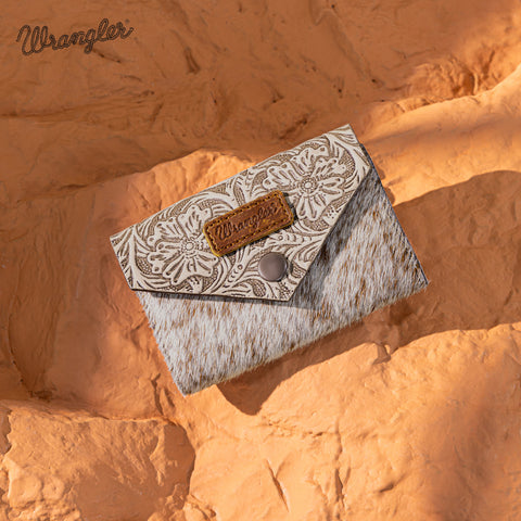 WG224-W070 Wrangler Genuine Hair-On Cowhide Floral Tooled Card Holder - Beige