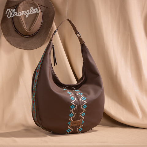WG233-3027  Wrangler Aztec Embroidered Large Hobo Bag- Brown