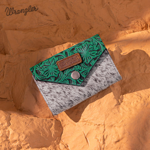 WG224-W070 Wrangler Genuine Hair-On Cowhide Floral Tooled Card Holder - Turquoise