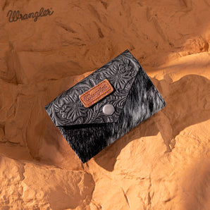 WG224-W070 Wrangler Genuine Hair-On Cowhide Floral Tooled Card Holder - Black