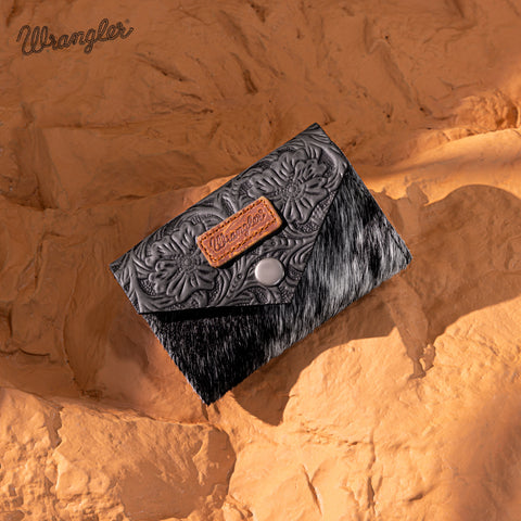WG224-W070 Wrangler Genuine Hair-On Cowhide Floral Tooled Card Holder - Black