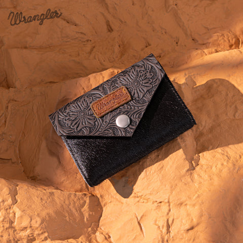 WG224-W070 Wrangler Genuine Hair-On Cowhide Floral Tooled Card Holder - Coffee