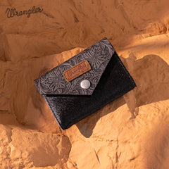 WG224-W070 Wrangler Genuine Hair-On Cowhide Floral Tooled Card Holder - Coffee