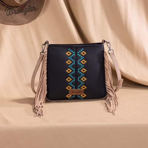 WG233-8360  Wrangler Aztec Embroidered Fringe Crossbody - Black