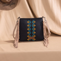 WG233-8360  Wrangler Aztec Embroidered Fringe Crossbody - Black