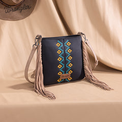 WG233-8360  Wrangler Aztec Embroidered Fringe Crossbody - Black