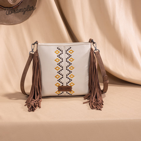 WG233-8360  Wrangler Aztec Embroidered Fringe Crossbody - Beige
