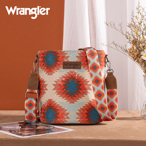 WG221-8360  Wrangler Aztec Distressed Print Dual Sided Print Crossbody-Burgundy