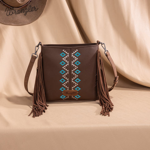 WG233-8360  Wrangler Aztec Embroidered Fringe Crossbody - Brown