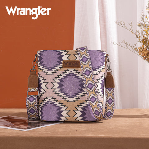 WG221-8360  Wrangler Aztec Distressed Print Dual Sided Print Crossbody-Purple