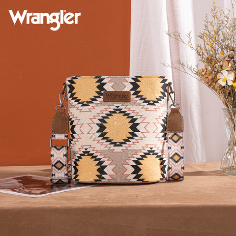 WG221-8360  Wrangler Aztec Distressed Print Dual Sided Print Crossbody-Beige