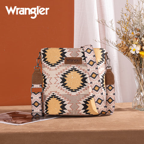 WG221-8360  Wrangler Aztec Distressed Print Dual Sided Print Crossbody-Beige